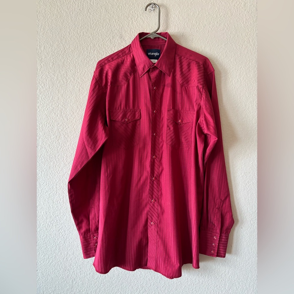 Vintage Wrangler Western Shirts‎ Men's Sz L Ruby Red Striped Pearl Snap Shirt